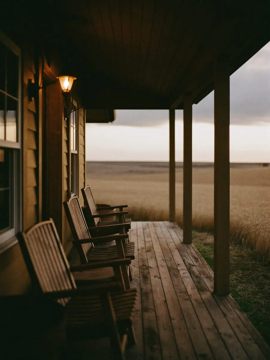 A farmhouse porch with chairs looking over wheat fields at dusk